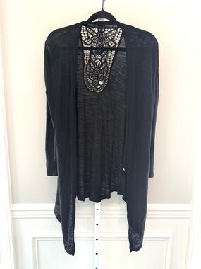 Black Crochet-Back Open Cardigan Sz M Lace Panel Waterfall Duster